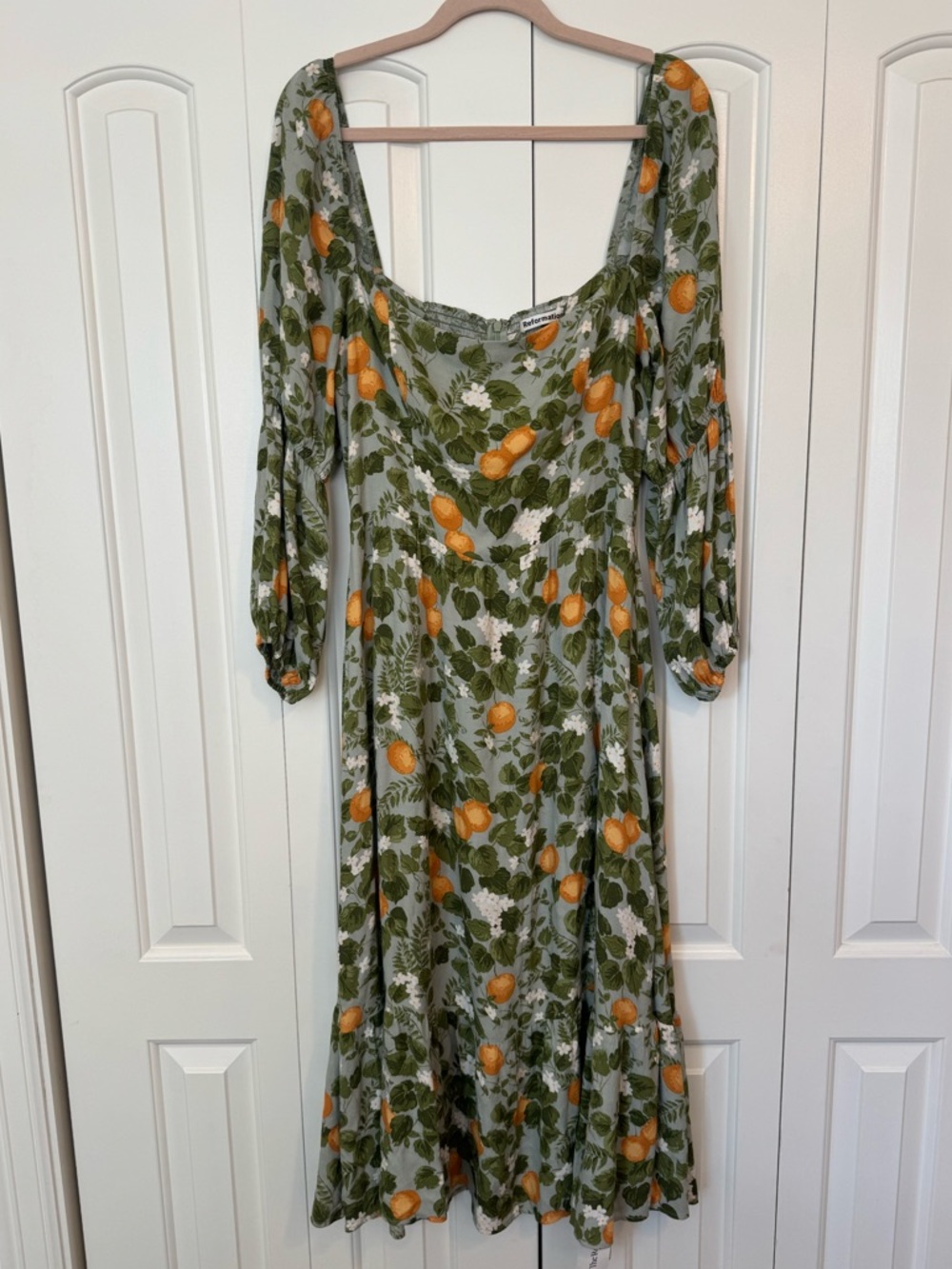 Reformation Olive Green Midi Dress with Orange Fruit Print